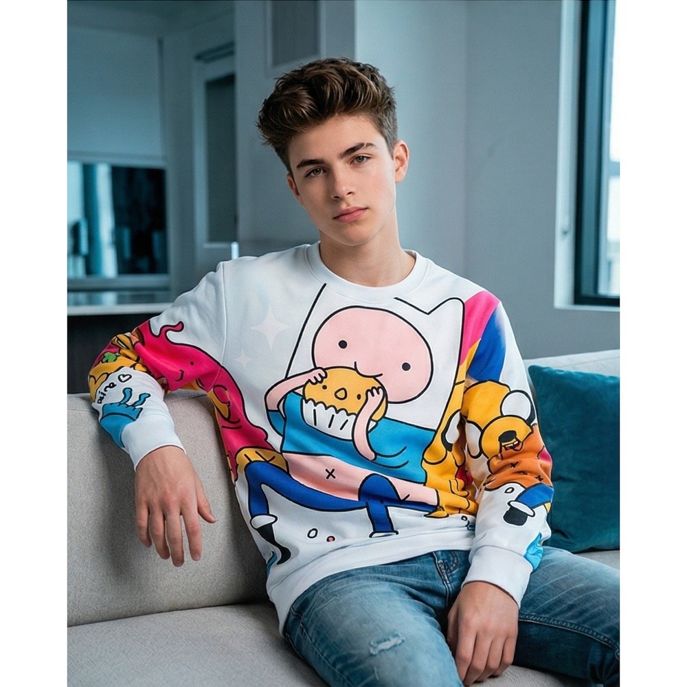 Adventure Time Finn and Jake S Graphic Sweatshirt‎ White Mens Small NEW